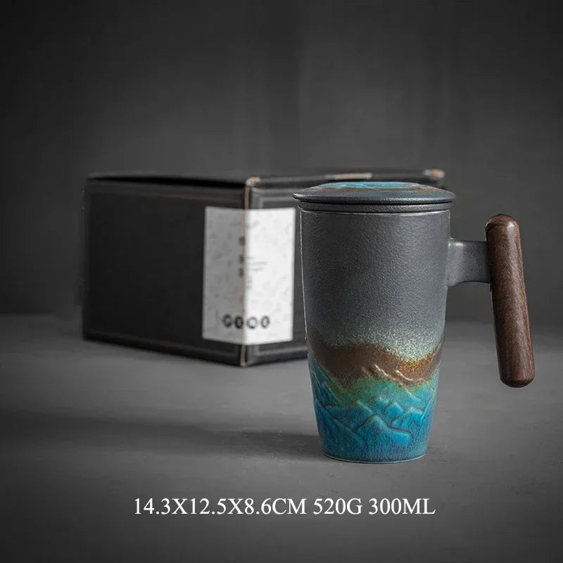 Caneca Retrô com Tampa e Alça de Madeira