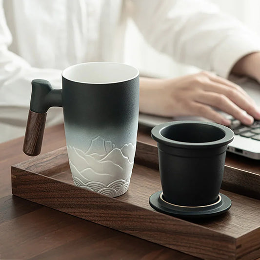 Caneca Retrô com Tampa e Alça de Madeira