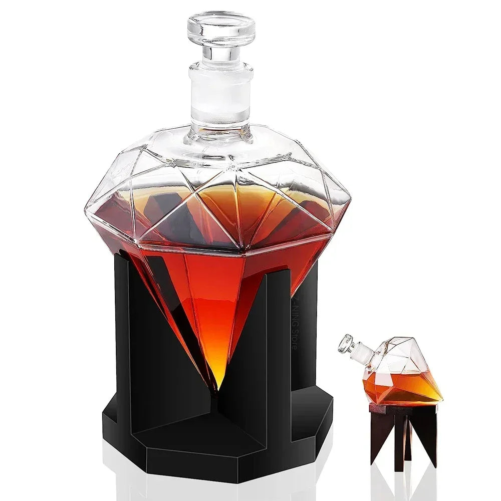 Garrafa Decanter de Uísque Diamante 1000ml com Suporte de Madeira