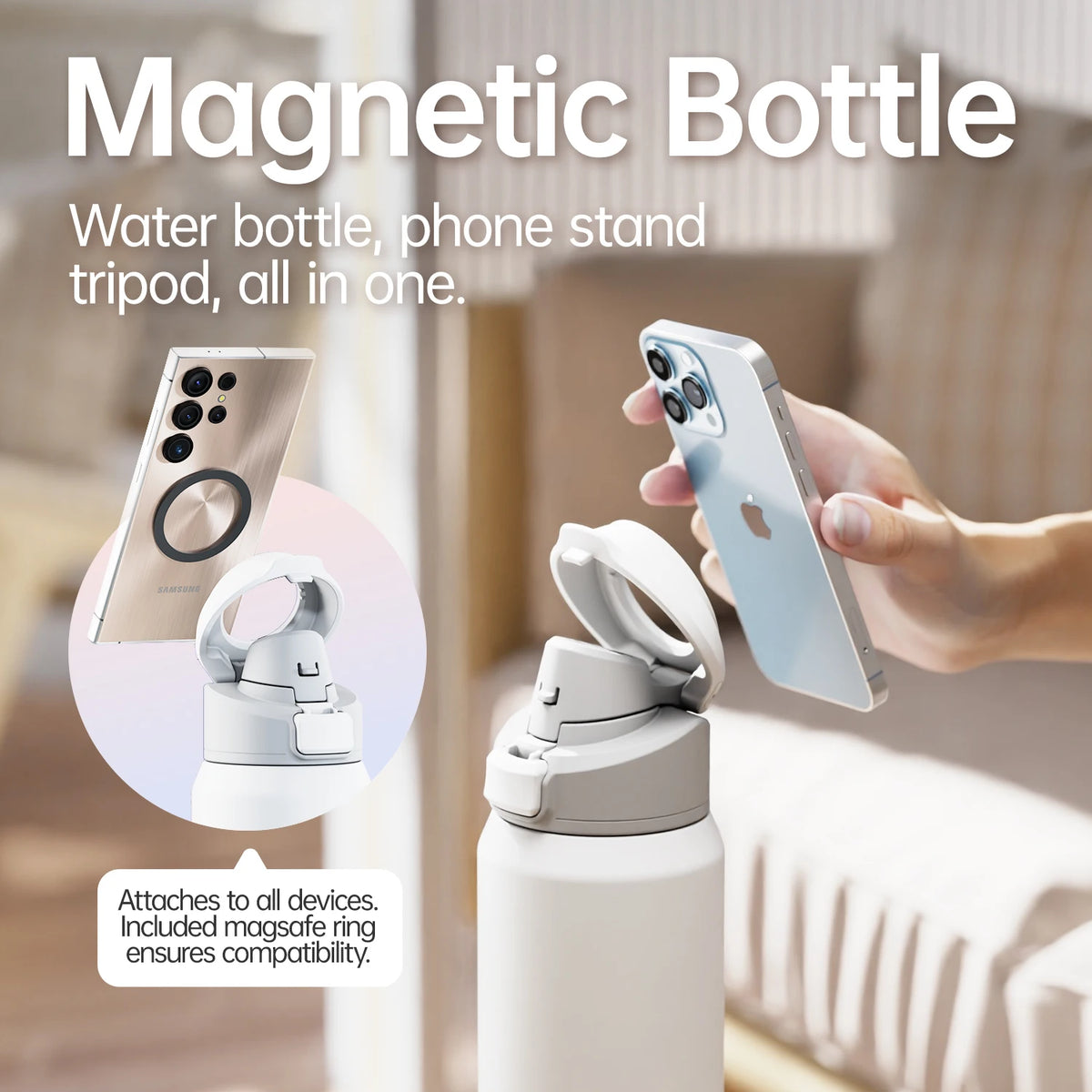 Garrafa Térmica com Tampa Magnética e Suporte de Celular, 710/950ml