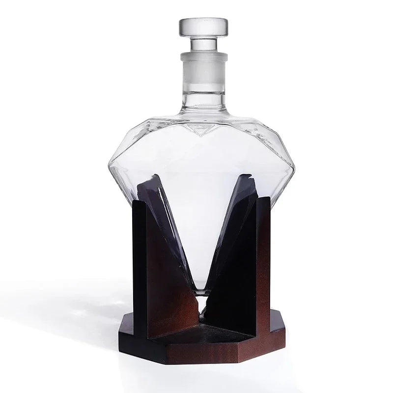 Garrafa Decanter de Uísque Diamante 1000ml com Suporte de Madeira