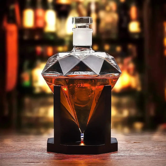 Garrafa Decanter de Uísque Diamante 1000ml com Suporte de Madeira